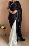 RICH LOOK SATIN PEARL LACE BORDER WORK SAREE WITH UNSTITCHED BLOUSE BLACK