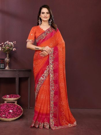 DESIGNER GEORGETTE DIGITAL PRINT WITH CONTRAST PALLU EMBROIDERY WORK SAREE WITH UNSTITCHED BLOUSE ORANGE