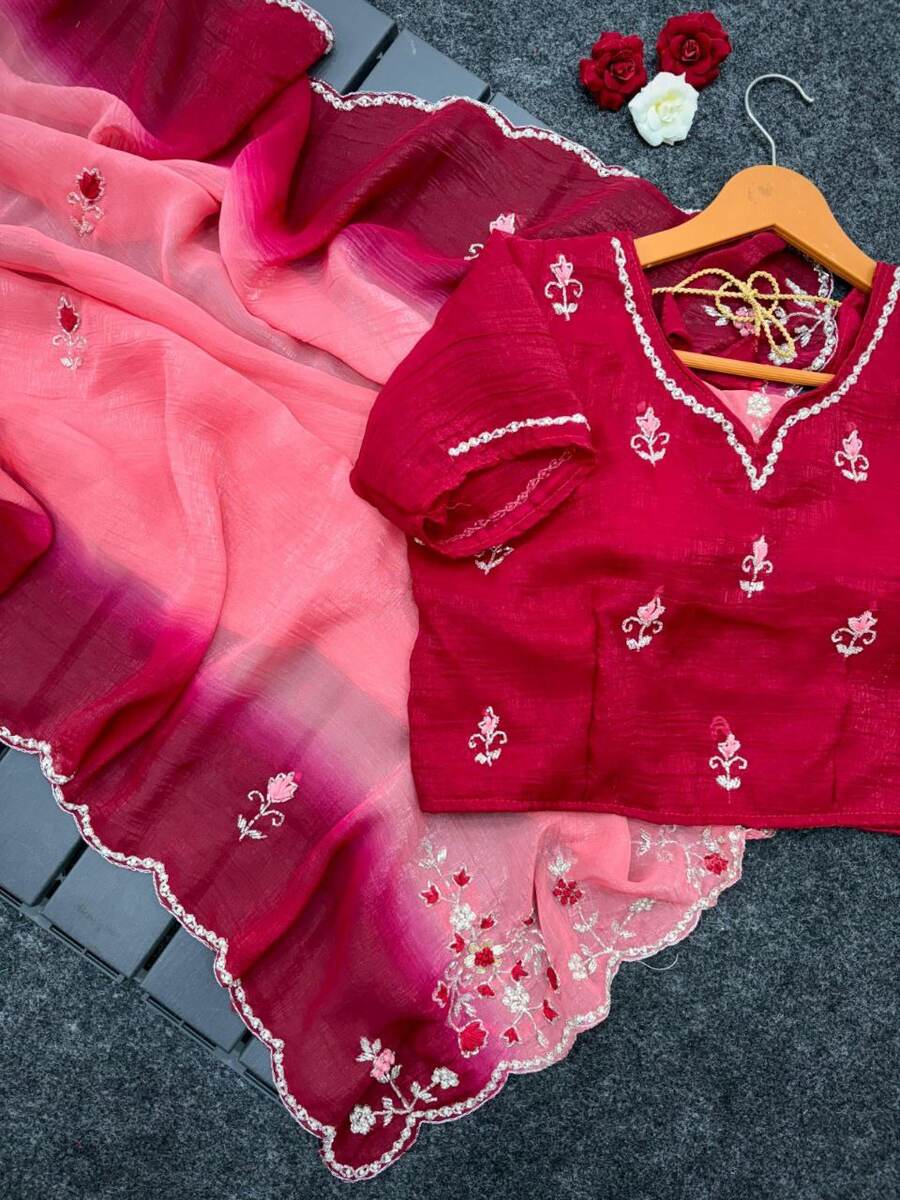 4DESIGNER CRUNCHY CHIFFON BEADS AND MOTI HANDWORK WITH TREAD HAND WORK AND BUTTI WORK SAREE WITH UNSTITCHED BLOUSE PARTY WEAR WHOLESALE PRICE ETHNIC GARMENT (5)