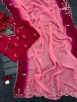 DESIGNER CRUNCHY CHIFFON BEADS AND MOTI HANDWORK WITH TREAD HAND WORK AND BUTTI WORK SAREE WITH UNSTITCHED BLOUSE RED AND PEACH