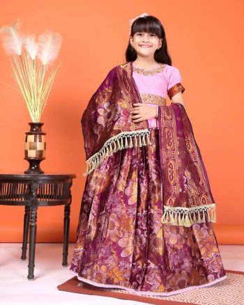 DESIGNER JACQUARD WEAVING WORK KID'S LEHENGA CHOLI WITH DUPATTA BABY PINK