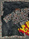 DESIGNER RANGOLI SILK EMBROIDERY SEQUENCE WITH MULTI THREAD WORK AND CUT WORK BORDER SAREE WITH STITCHED BLOUSE BLACK