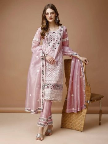 NEW ARRIVAL TWILL NET CHAIN WORK TOP BOTTOM WITH DUPATTA BABY PINK
