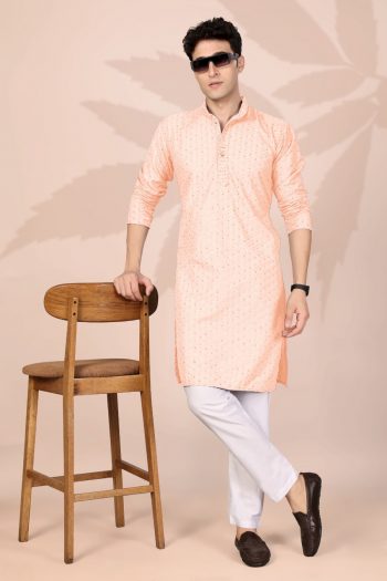 FANCY COTTON EMBROIDERY WORK MEN'S ONLY KURTA PEACH