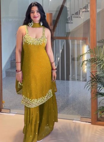 MODERN GEORGETTE BEADS WITH THREAD & SEQUENCE WORK TOP SHARARA WITH DUPATTA YELLOW