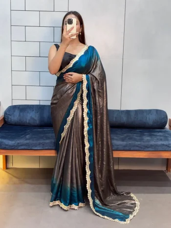 MODERN SHIMMER EMBROIDERY CODING LACE CUT WORK SAREE WITH UNSTITCHED BLOUSE TEAL