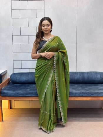 NEW ARRIVAL CHOCOLATE NC DAIMOND WORK WITH CUT WORK AND HAND WORK SAREE WITH UNSTITCHED BLOUSE GREEN