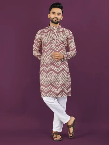 NEW ARRIVAL RAYON LAHERIYA DIGITAL PRINT AND CROCHET EMBROIDERY WORK MEN'S KURTA PAYJAMA WINE