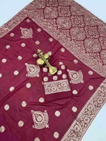 RICH LOOK DOLA SILK ZARI AND WEAVING WITH PIPING LACE BORDER WORK SAREE WITH UNSTITCHED BLOUSE MAROON