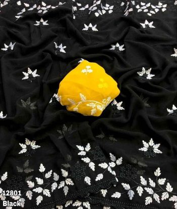 RICH LOOK GEORGETTE EMBROIDERY WORK BUTTA AND SCALLOPED BORDER WORK SAREE WITH UNSTITCHED BLOUSE BLACK