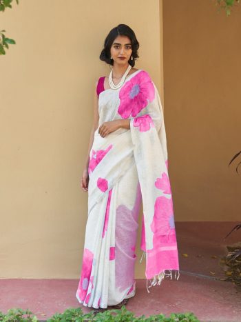 RICH LOOK LINEN COTTON DIGITAL PRINTED SAREE WITH UNSTITCHED BLOUSE PINK