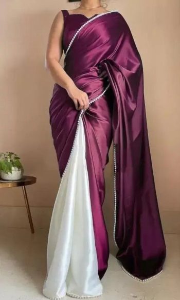 RICH LOOK SATIN PEARL LACE BORDER WORK SAREE WITH UNSTITCHED BLOUSE PURPLE