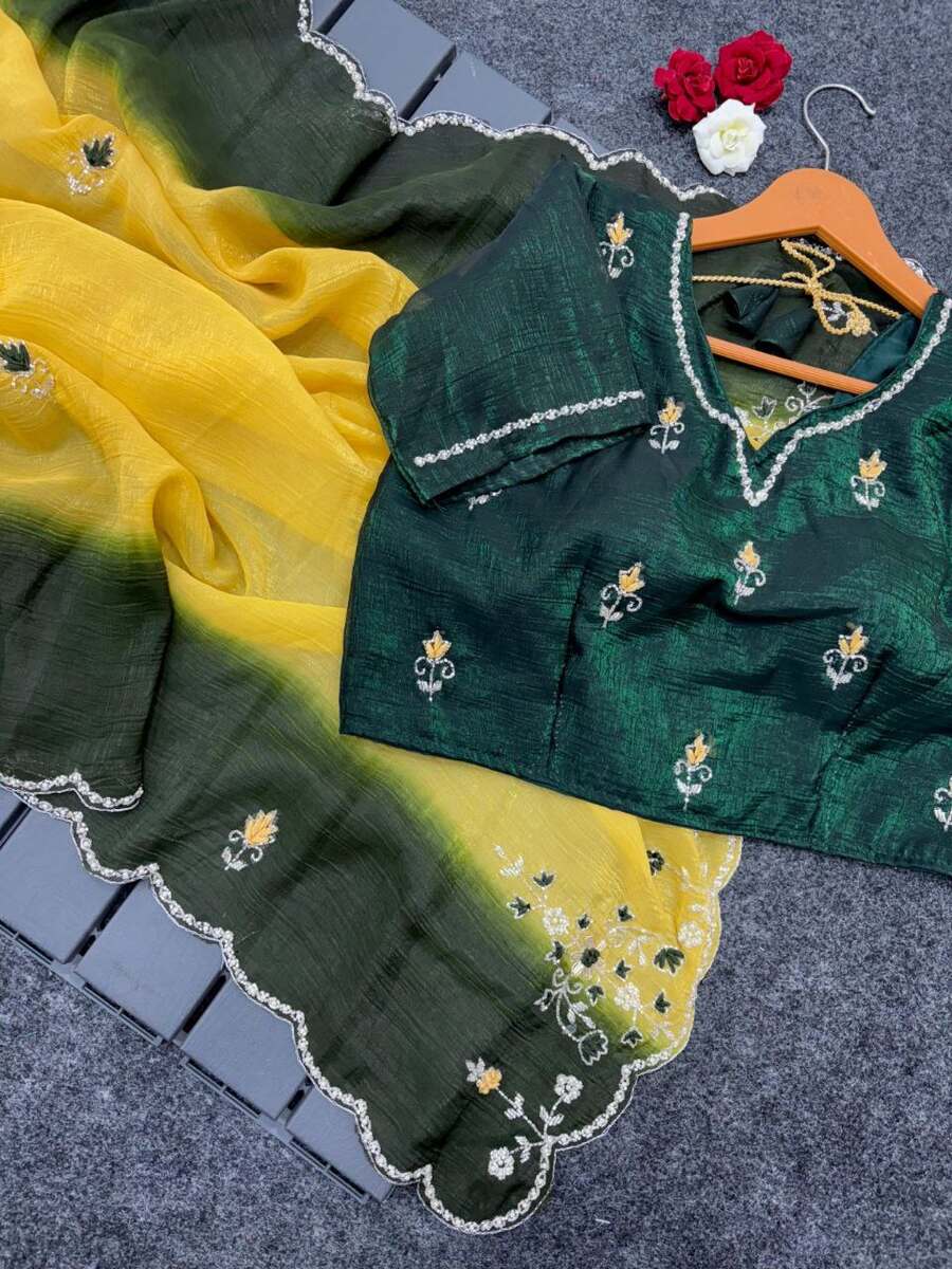 5DESIGNER CRUNCHY CHIFFON BEADS AND MOTI HANDWORK WITH TREAD HAND WORK AND BUTTI WORK SAREE WITH UNSTITCHED BLOUSE PARTY WEAR WHOLESALE PRICE ETHNIC GARMENT (9)