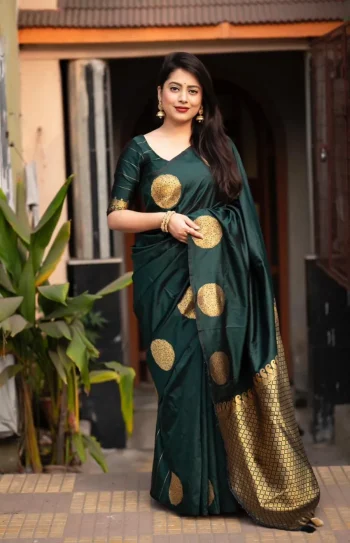 DESIGNER LICHI SILK JACQUARD WORK SAREE WITH UNSTITCHED BLOUSE GREEN