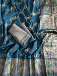 FANCY KADI CREEP GEORGETTE MEENAKARI JACQUARD WEAVING WITH HAND DYING SAREE WITH UNSTITCHED BLOUSE TEAL
