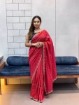 NEW ARRIVAL CHOCOLATE NC DAIMOND WORK WITH CUT WORK AND HAND WORK SAREE WITH UNSTITCHED BLOUSE RED