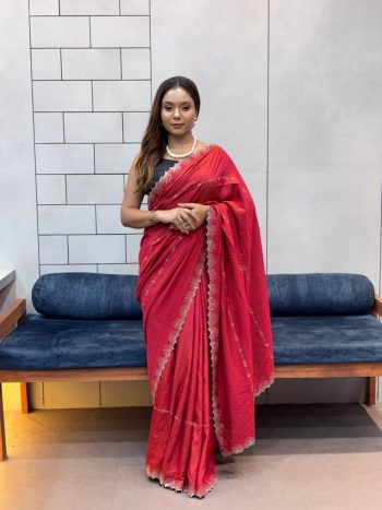 NEW ARRIVAL CHOCOLATE NC DAIMOND WORK WITH CUT WORK AND HAND WORK SAREE WITH UNSTITCHED BLOUSE RED