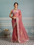 RICH LOOK FENDY SOFT NET EMBROIDERY WITH CUTWORK SAREE WITH UNSTITCHED BLOUSE PINK