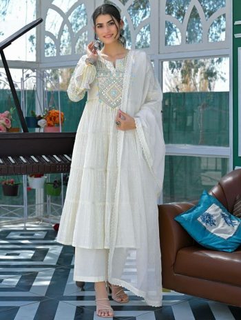 DESIGNER FLEX COTTON EMBROIDERY WORK TOP BOTTOM WITH DUPATTA WHITE