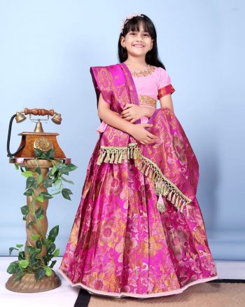 DESIGNER JACQUARD WEAVING WORK KID'S LEHENGA CHOLI WITH DUPATTA PINK