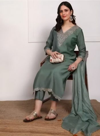 DESIGNER SLUB COTTON EMBROIDERY WORK TOP BOTTOM WITH DUPATTA RAMA