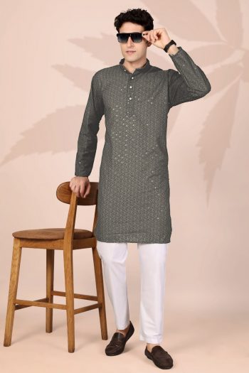 FANCY COTTON EMBROIDERY WORK MEN'S ONLY KURTA GREY