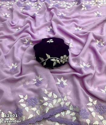 RICH LOOK GEORGETTE EMBROIDERY WORK BUTTA AND SCALLOPED BORDER WORK SAREE WITH UNSTITCHED BLOUSE LAVENDER