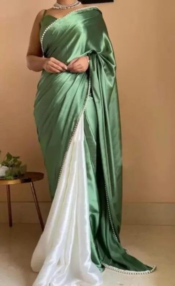 RICH LOOK SATIN PEARL LACE BORDER WORK SAREE WITH UNSTITCHED BLOUSE GREEN
