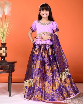 DESIGNER JACQUARD WEAVING WORK KID'S LEHENGA CHOLI WITH DUPATTA LAVENDER