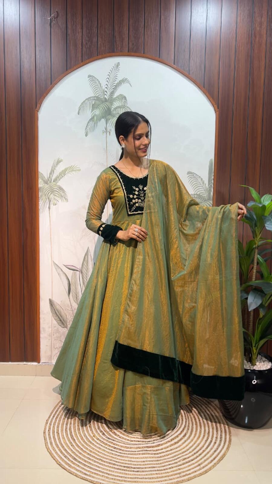 7FANCY TISSUE SILK HAND WORK GOEN WITH DUPATTA FESTIVE WEAR WHOLESALE PRICE ETHNIC GARMENT (12)