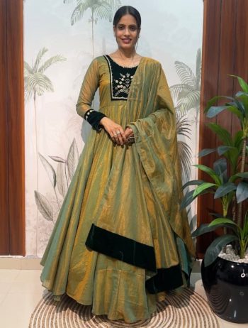 FANCY TISSUE SILK HAND WORK GOWN WITH DUPATTA MEHNDI