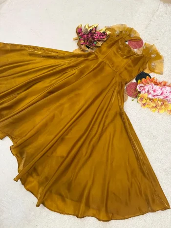 RICH LOOK SPACE SILK & NET THREAD EMBROIDERY WORK GOWN MUSTARD