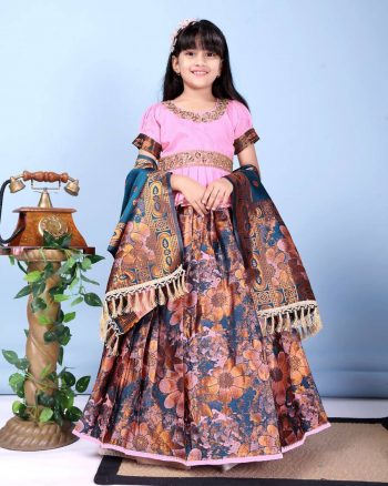 DESIGNER JACQUARD WEAVING WORK KID'S LEHENGA CHOLI WITH DUPATTA PINK