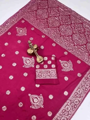 RICH LOOK DOLA SILK ZARI AND WEAVING WITH PIPING LACE BORDER WORK SAREE WITH UNSTITCHED BLOUSE RANI