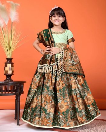 DESIGNER JACQUARD WEAVING WORK KID'S LEHENGA CHOLI WITH DUPATTA PISTA