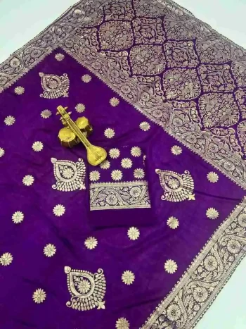 RICH LOOK DOLA SILK ZARI AND WEAVING WITH PIPING LACE BORDER WORK SAREE WITH UNSTITCHED BLOUSE PURPLE