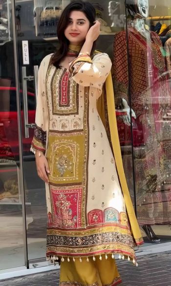 ATTRACTIVE CHINON SILK DIGITAL PRINT WITH REAL MIRROR HAND WORK TOP PALAZZO WITH DUPATTA YELLOW