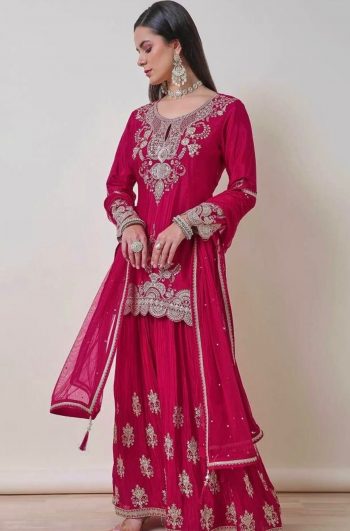 ATTRACTIVE CHINON SILK EMBROIDERY SEQUENCE WORK TOP PALAZZO WITH DUPATTA RANI