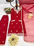 ATTRACTIVE GEORGETTE EMBROIDERY SEQUENCE WORK AND RIVETED MOTI WORK TOP PALAZZO WITH DUPATTA RED