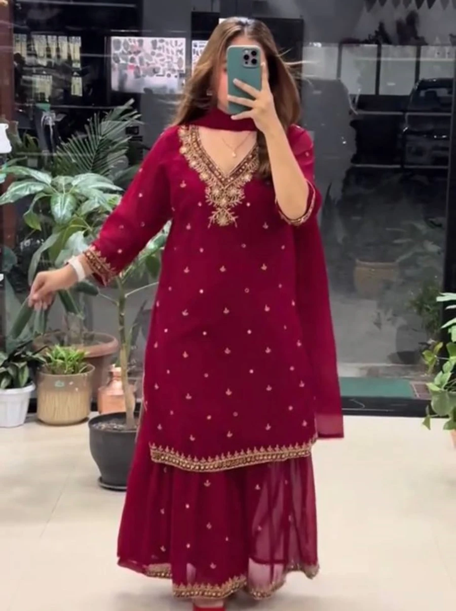 ATTRACTIVE GEORGETTE EMBROIDERY SEQUENCE WORK WITH REAL MIRROR HAND WORK TOP PALAZZO WITH DUPATTA FESTIVE WEAR EHOLESALE PRICE ETHNIC GARMENT (4)