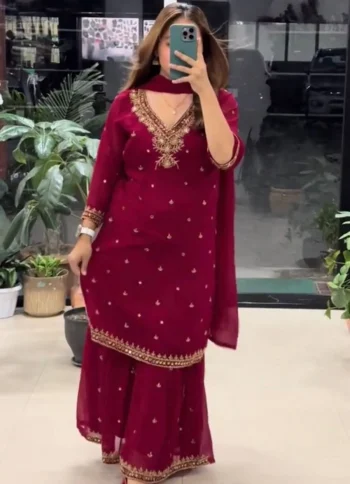ATTRACTIVE GEORGETTE EMBROIDERY SEQUENCE WORK WITH REAL MIRROR HAND WORK TOP PALAZZO WITH DUPATTA MAROON