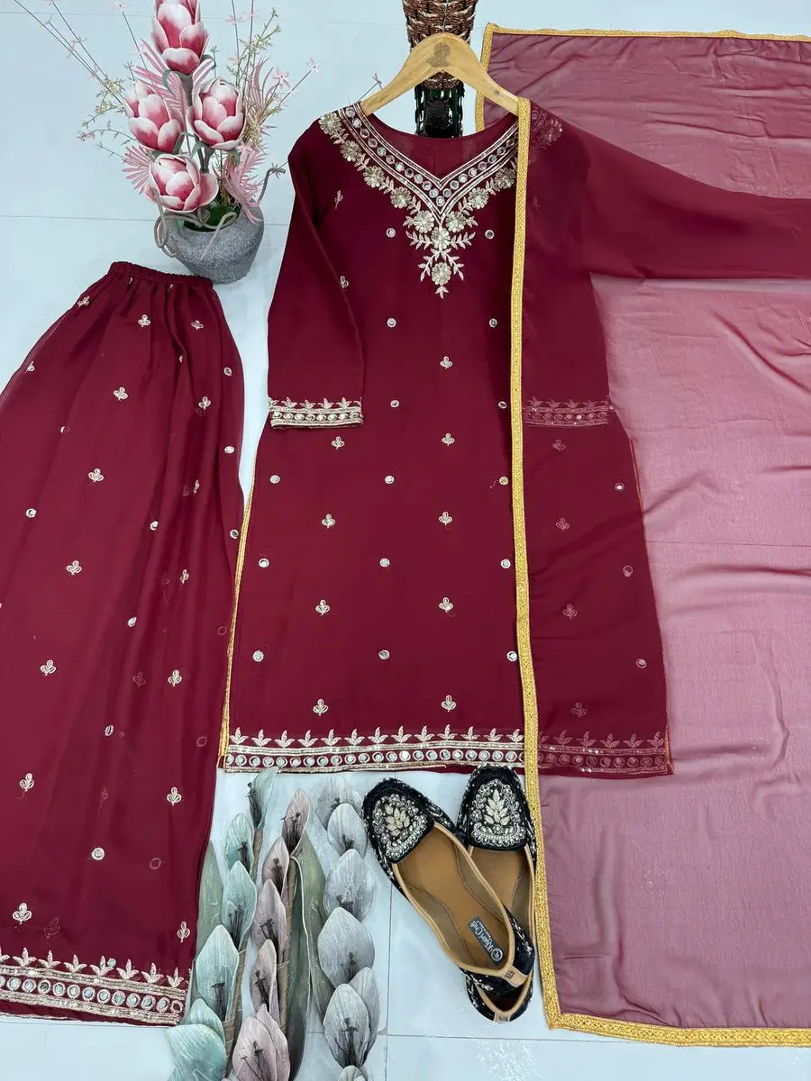 ATTRACTIVE GEORGETTE EMBROIDERY SEQUENCE WORK WITH REAL MIRROR HAND WORK TOP PALAZZO WITH DUPATTA FESTIVE WEAR EHOLESALE PRICE ETHNIC GARMENT (8)