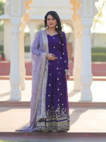 ATTRACTIVE GEORGETTE EMBROIDERY ZARI SEQUENCE WORK GOWN WITH DUPATTA PURPLE