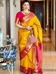 ATTRACTIVE LICHI SILK JACQUARD WORK SAREE WITH UNSTITCHED BLOUSE YELLOW