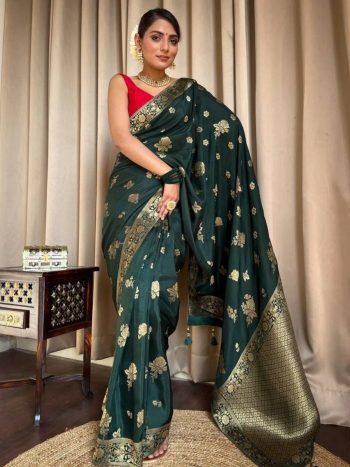 ATTRACTIVE LICHI SILK JACQUARD WORK SAREE WITH UNSTITCHED BLOUSE GREEN