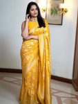 ATTRACTIVE LICHI SILK JACQUARD WORK SAREE WITH UNSTITCHED BLOUSE YELLOW