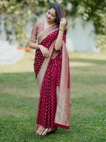 ATTRACTIVE LICHI SILK JACQUARD WORK SAREE WITH UNSTITCHED BLOUSE MAROON