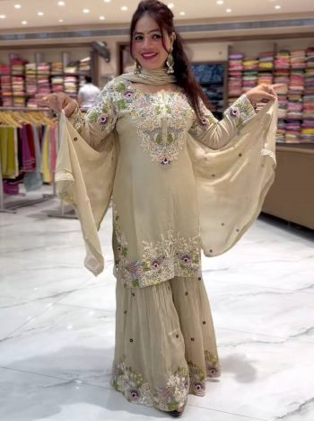 ATTRACTIVE NATIRAL CREPE EMBROIDERY THREAD WORK TOP SHARARA WITH DUPATTA MINT
