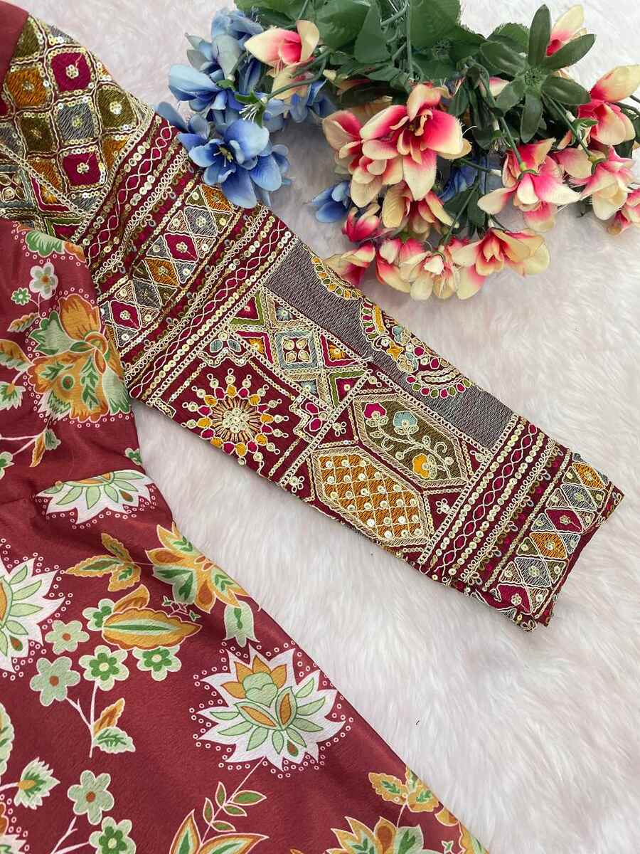 BOLLYWOOD CHINON SILK EMBROIDERY MULTI THREAD & SEQUENCE WITH DIGITAL PRINTS WORK GOWN WITH DUPATTA PARTY WEAR WHOLESALE PRICE ETHNIC GARMENT (1)