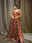 BOLLYWOOD CHINON SILK EMBROIDERY MULTI THREAD & SEQUENCE WITH DIGITAL PRINTS WORK GOWN WITH DUPATTA MAROON